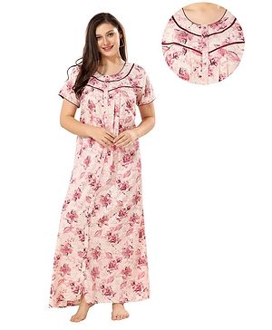Piu Cotton Half Sleeves Lace Embellished & Floral Printed Plus Size Nighty With Nursing Access - Pink