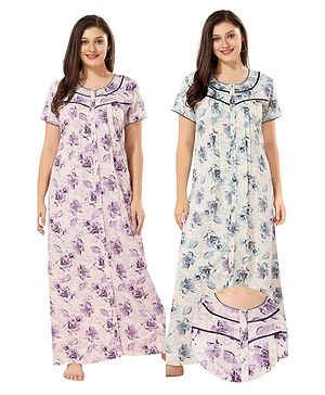Piu Pack Of 2 Cotton Half Sleeves Lace Embellished & Floral Printed Plus Size Nighties With Nursing Access - Purple & Blue