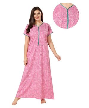 Piu Cotton Half Sleeves Front Zipper Detailed & Dots Printed Plus Size Nighty With Nursing Access - Pink