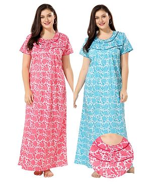 Piu Cotton Pack Of 2 Half Sleeves Floral Printed Front Open Plus Size Nighties - Pink & Blue