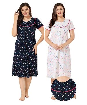 Piu Cotton Pack of 2 Half Sleeves Polka Dots Printed Front Open Maternity Nighty - Blue & White