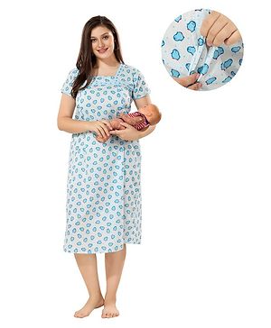 Piu Cotton Half Sleeves Penguin Printed Feeding Nighty With Concealed Zipper Nursing Access - Blue