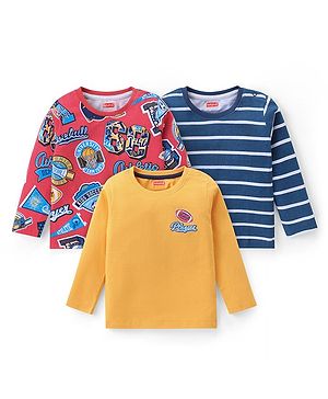 Babyhug Cotton Knit Full Sleeves T-Shirt with Basketball & Text Print - Red Navy & Yellow