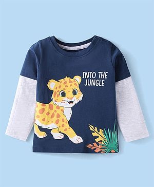 Babyhug Cotton Knit Full Doctor Sleeves T-Shirt with Tiger Print - Navy Blue