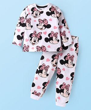Babyhug Disney Single Jersey Knit Full Sleeves Nightsuit  With Minnie Mouse Graphics - White & Pink