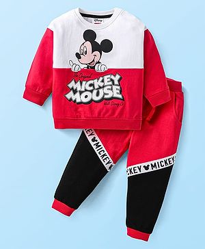 Babyhug Disney Terry Knit Full Sleeves Cut & Sew Mickey Mouse Printed T-Shirt & Track Pant with Patch & Tape Detailing - Red White & Black