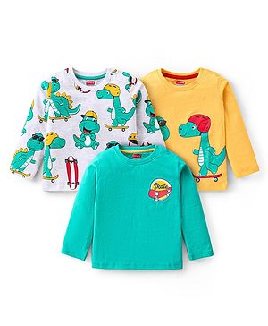 Babyhug Cotton Knit Full Sleeves Dino Graphics T-shirts Pack of 3 - Yellow & Blue