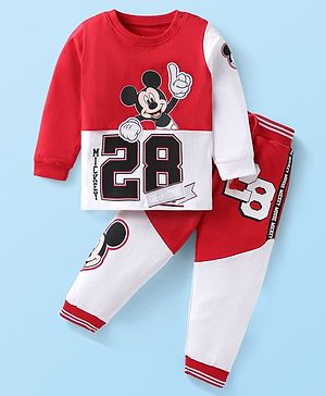 Babyhug Disney Single Jersey Knit Full Sleeves Cut & Sew Mickey Mouse Printed T-Shirt & Track Pant with Patch & Tape Detailing - Red