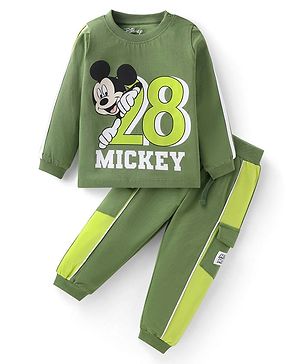 Babyhug Disney Single Jersey Knit Full Sleeves T-Shirt & Lounge Pant Set With Mickey Mouse Graphics - Green