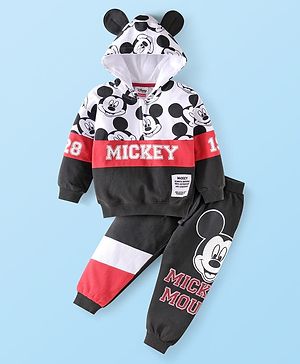 Babyhug Disney Terry Knit Full Sleeves Hooded Sweatshirt & Lounge Pant Set With Mickey Mouse Graphics & Ear Applique - Black White & Red