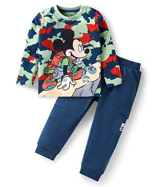 Babyhug Disney Single Jersey Knit Full Sleeves T-Shirt & Lounge Pants With Mickey Mouse Graphics & Badge - Navy Blue