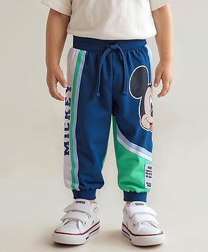 Babyhug Disney Terry Knit Full Length Lounge Pant with Mickey Mouse Graphics - Navy Blue & Green