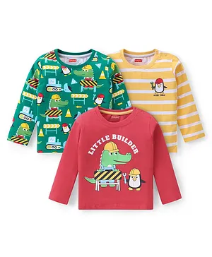 Babyhug Cotton Knit Full Sleeves Striped  & Dino Printed T-Shirts Pack of 3 - Green Red & Yellow