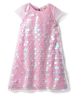 Primo Gino Woven  Half Sleeves A Line Coin Sequined Party Dress - Pink