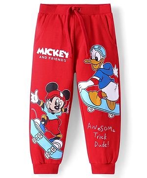 Babyhug Disney Terry Knit Full Length Lounge Pant with Mickey Mouse Graphics - Red