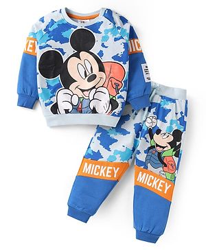 Babyhug Disney Terry Knit Full Sleeves T-Shirt & Lounge Pant Set With Mickey Mouse Graphics - Blue