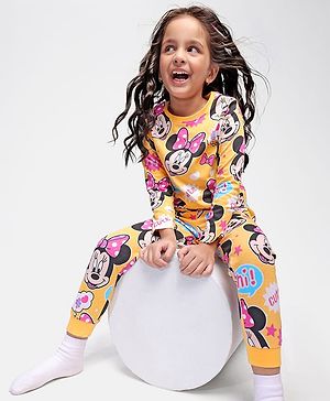 Babyhug Disney Single Jersey Knit Full Sleeves Night Suit with Minnie Mouse Graphics- Light Orange