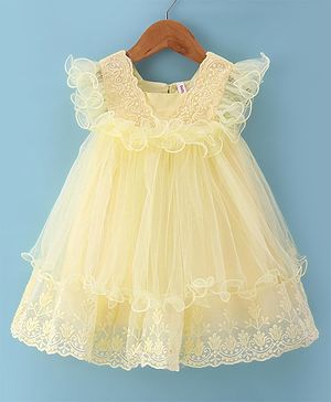 Babyhug Woven Sleeveless Fit & Flared Party Frock with Floral Embroidery & Ruffle Detailing - Light Yellow