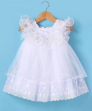 Babyhug Woven Sleeveless Fit & Flared Party Frock with Floral Embroidery & Ruffle Detailing -  White