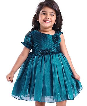Babyhug Woven Half Sleeves Shimmered Party Dress With Pintuck Design & Corsage Applique - Teal Blue