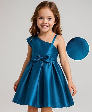 Babyhug Woven One Shoulder Sleeves Solid Colour Pleated Party Frock with Bow Applique  - Navy Blue
