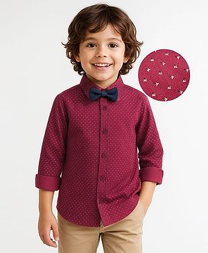 Babyhug Cotton Woven Full Sleeves Printed Party Shirt With Bow - Maroon