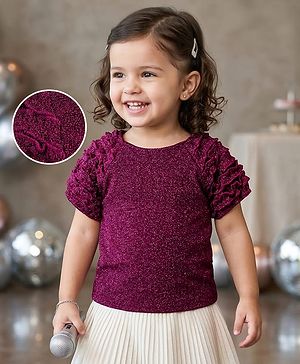 Babyhug Woven Half Raglan Sleeves Frill Details Textured Party Top - Wine