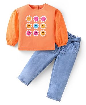 Babyhug Single Jersey Knit Full Sleeves Floral Printed T-Shirt & Solid Denim Jeans Set - Rust Orange & Light Blue
