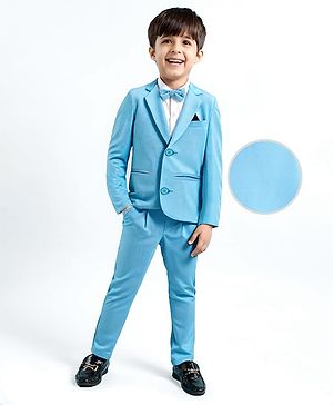 Babyhug Woven Full Sleeves Solid Colour 3 Piece Party Suit With Bow - Blue