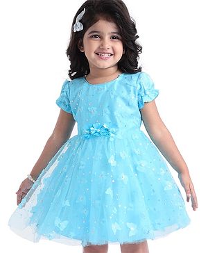 Babyhug Woven Half Puffed Sleeves Sequinned Party Dress With Floral & Butterfly Applique - Light Blue
