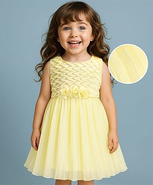 Babyhug Woven Sleeveless Party Dress With Floral Corsage - Yellow