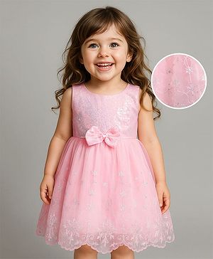 Babyhug Woven Sleeveless Fit & Flared Sequined Party Dress with Floral Embroidery & Bow Applique - Pink