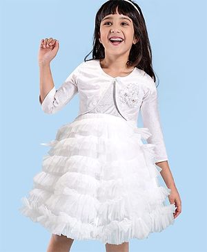 Babyhug Woven Three Fourth Sleeves Shimmered Shrug with Fit & Flared Ruffle & Frill Party Dress Floral Applique - White