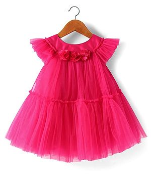 Babyhug Woven Frill Sleeves A Line Tiered Party Dress with Floral Corsage - Dark Pink