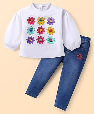 Babyhug Single Jersey Knit Full Puffed Sleeves Top & Denim Jeans Set With Floral Print & Embroidery - White & Blue