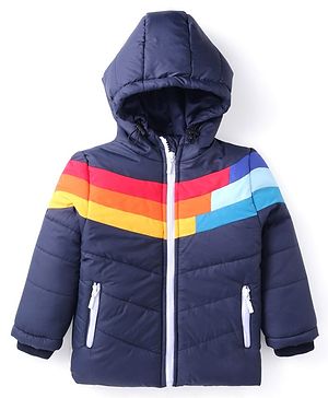 Babyhug Woven Full Sleeves Hooded Padded Jacket With Colour Block - Navy Blue