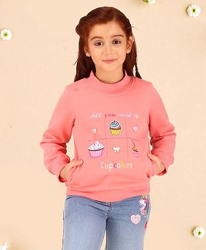 Cutecumber Full Sleeves Hearts & Bow Applique Detailed With Cup Cakes Patch Printed Top - Pink