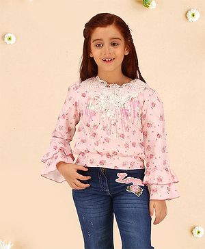 Cutecumber Full Sleeves Floral Embroidered & Sequins Embellished Top - Peach