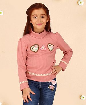 Cutecumber Full Sleeves Heart Detailed & Lace Embellished Top - Rust Pink
