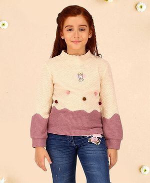 Cutecumber Full Sleeves Pompom Detailed & Colour Blocked Sweater - Cream