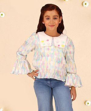 Cutecumber Full Bell Sleeves Abstract Printed & Pleated Top - Green