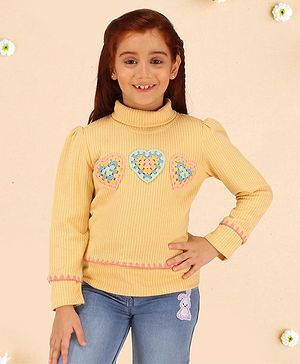 Cutecumber Full Sleeves Crochet Heart Applique Detailed & Lace Embellished Winter Top - Yellow