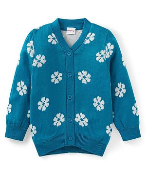 Babyhug Knitted Full Sleeves Front Open Sweater with Floral Design - Teal Blue