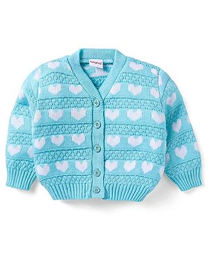 Babyhug Knit Full Sleeves Front Open  Sweater with Herat Design - Light Blue