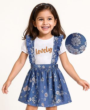 Babyhug Single Jersey Knit Half Sleeves Top & Skirt Set With Floral & Text Print - White & Blue