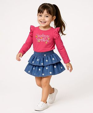 Babyhug Single Jersey Knit Full Sleeves Text Print Top with Frill Detailing and Layered Skirt Set - Navy Blue & Dark Pink