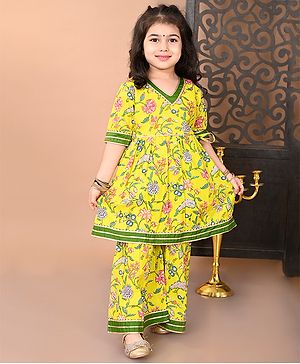 Superminis Cotton Half Sleeves Lace Embellished Floral Printed Kurta With Coordinating Sharara Set - Yellow