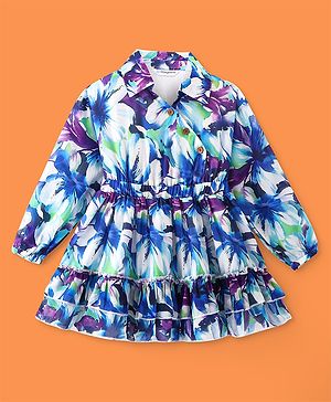 Ollington St. Woven Full Peasant Sleeves Floral Printed Georgette Tiered Frock - Multicolour