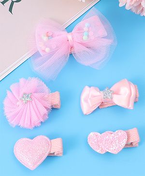 Babyhug Hair Pins And Clips With Bow & Heart Applique Pack of 5 - Pink