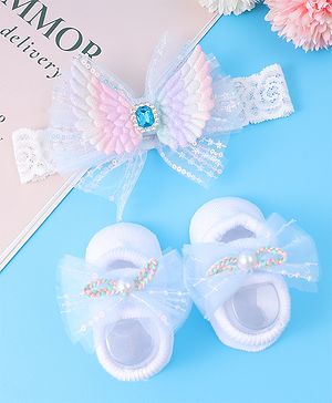 Bonfino  Headband With Booties & Bow Applique Free Size - Blue